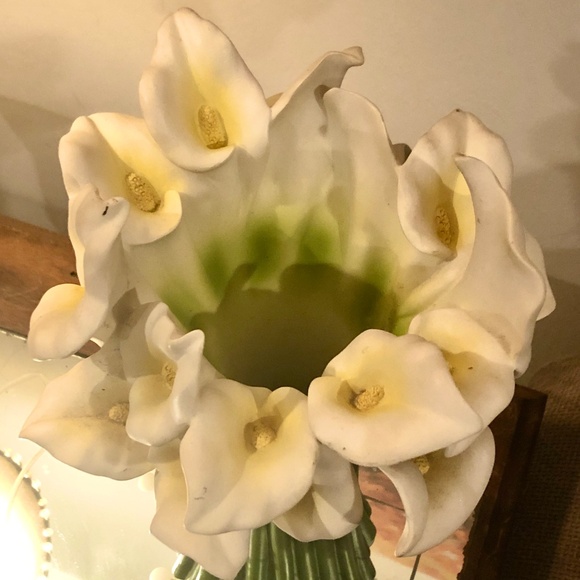 VTG Ibis & Orchid Calla Lily #301 Hand Cast Bonded Painted Marble Art Vase 13" - Picture 7 of 12